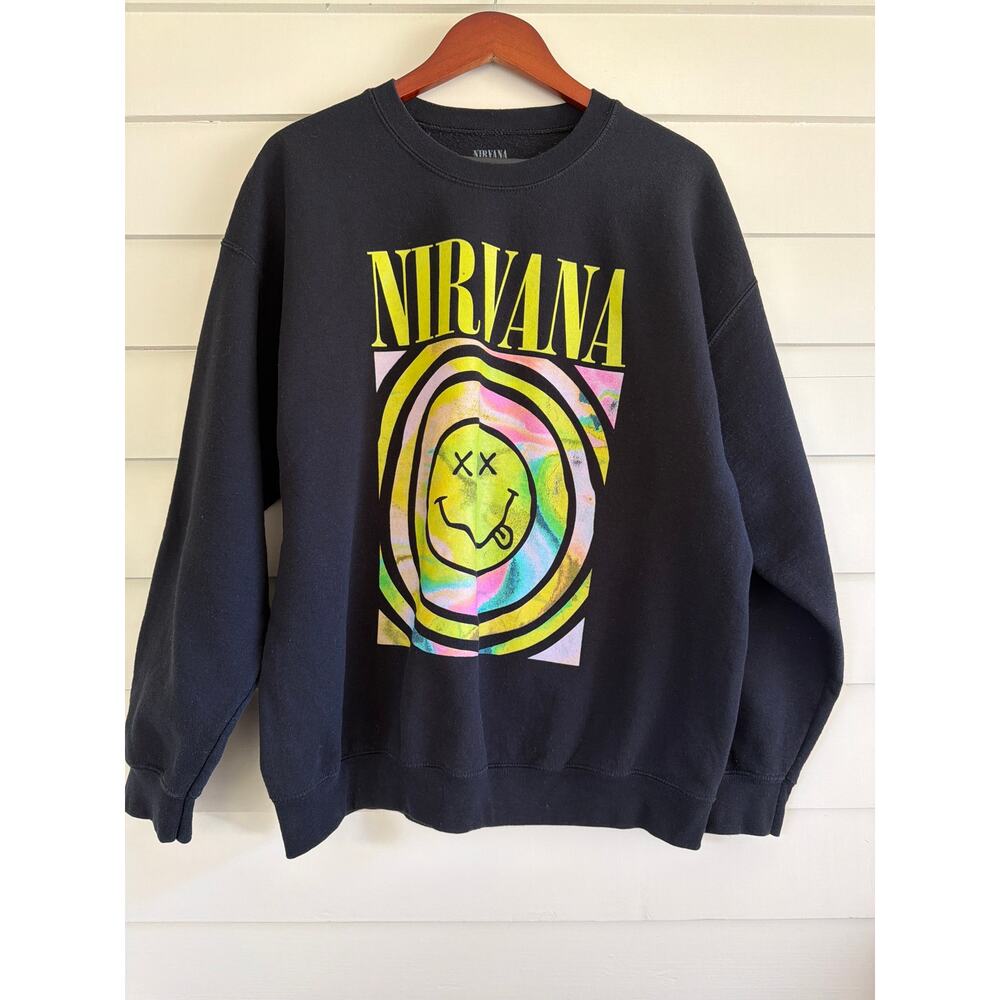 Nirvana Smiley Face Graphic Sweatshirt XL Black Colorful Psychedelic 90s Grunge